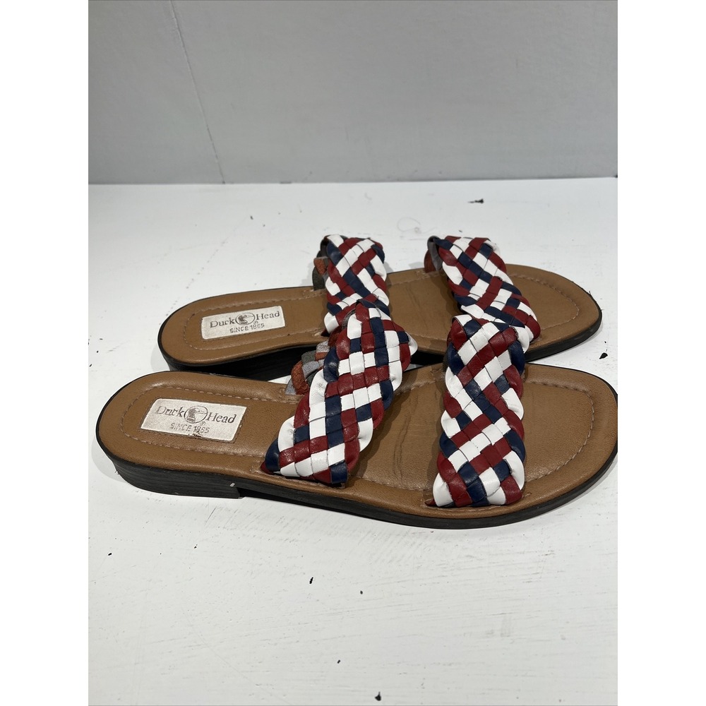 DUCK‎ HEAD WOMENS LEATHER SLIDES SANDAL LEATHER RED White Blue SHOE 12m